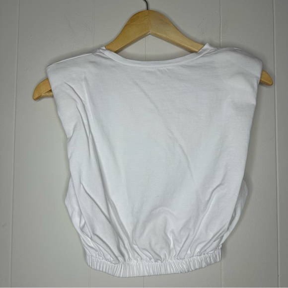 Zara White Pleated Padded Shoulder Crop Top Tee Elastic Hem Size S Shirt - Picture 4 of 11